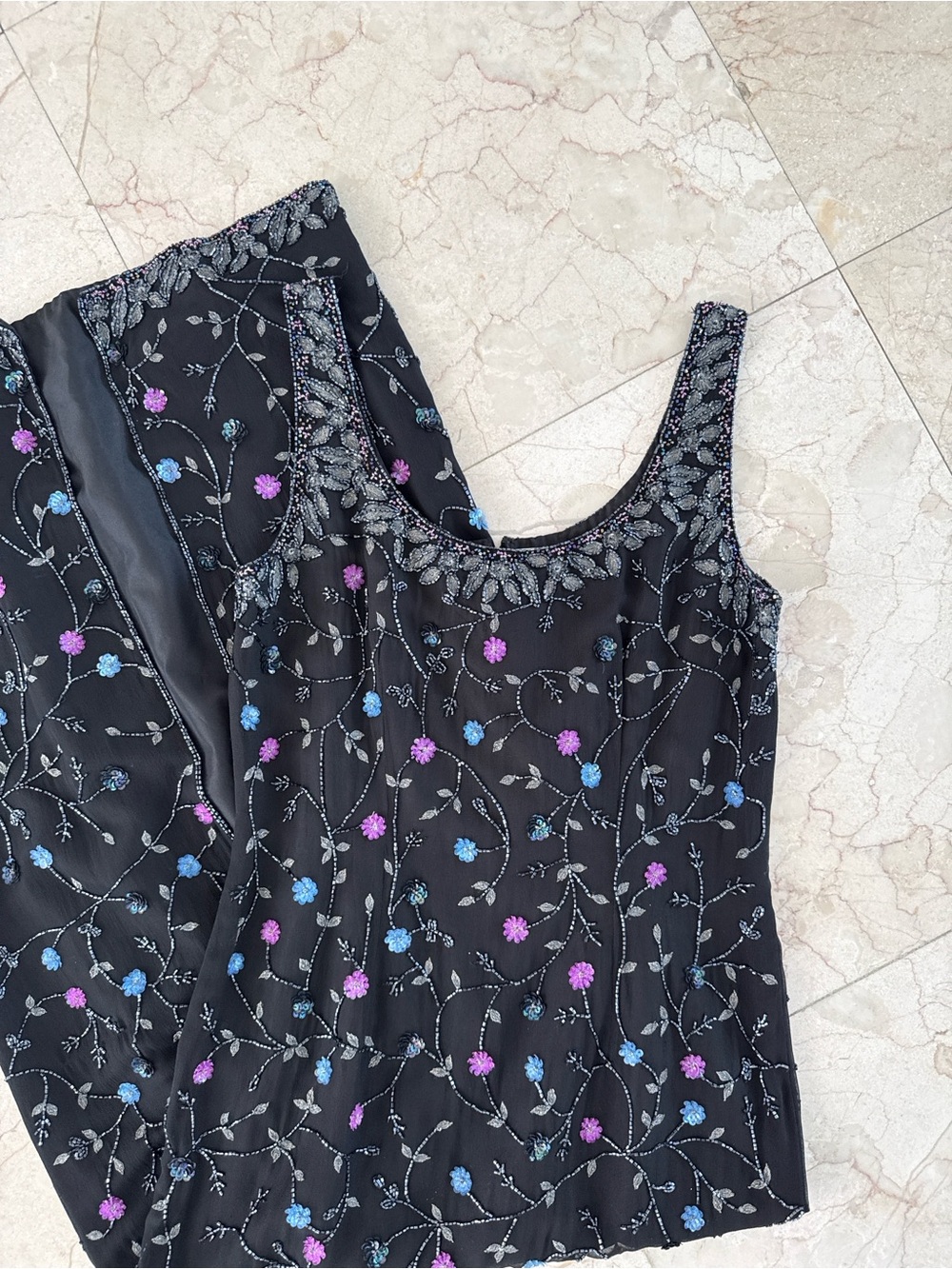 Papell Boutique Black Beaded Floral 100% Silk Gown